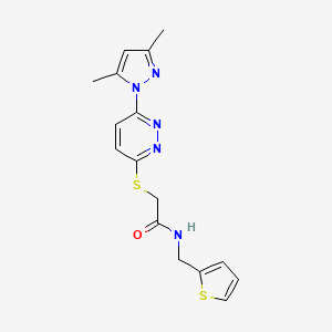 molecular formula C16H17N5OS2 B2973953 2-((6-(3,5-dimethyl-1H-pyrazol-1-yl)pyridazin-3-yl)thio)-N-(thiophen-2-ylmethyl)acetamide CAS No. 1334368-45-4