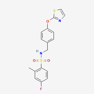 molecular formula C17H15FN2O3S2 B2973954 4-fluoro-2-methyl-N-(4-(thiazol-2-yloxy)benzyl)benzenesulfonamide CAS No. 2034318-61-9