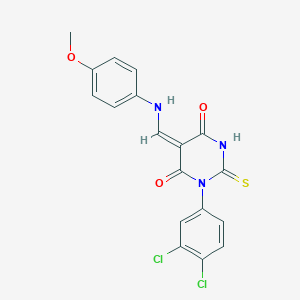molecular formula C18H13Cl2N3O3S B297396 (5E)-1-(3,4-dichlorophenyl)-5-[(4-methoxyanilino)methylidene]-2-sulfanylidene-1,3-diazinane-4,6-dione 