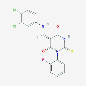 molecular formula C17H10Cl2FN3O2S B297401 (5E)-5-[(3,4-dichloroanilino)methylidene]-1-(2-fluorophenyl)-2-sulfanylidene-1,3-diazinane-4,6-dione 