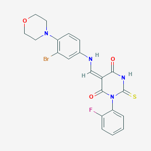(5E)-5-[(3-bromo-4-morpholin-4-ylanilino)methylidene]-1-(2-fluorophenyl)-2-sulfanylidene-1,3-diazinane-4,6-dione