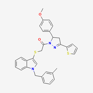 molecular formula C32H29N3O2S2 B2974025 1-[3-(4-Methoxyphenyl)-5-thiophen-2-yl-3,4-dihydropyrazol-2-yl]-2-[1-[(3-methylphenyl)methyl]indol-3-yl]sulfanylethanone CAS No. 681276-11-9