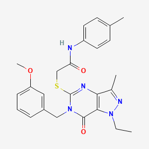 molecular formula C25H27N5O3S B2974036 2-({1-乙基-6-[(3-甲氧基苯基)甲基]-3-甲基-7-氧代-1H,6H,7H-吡唑并[4,3-d]嘧啶-5-基}硫烷基)-N-(4-甲基苯基)乙酰胺 CAS No. 1359446-73-3