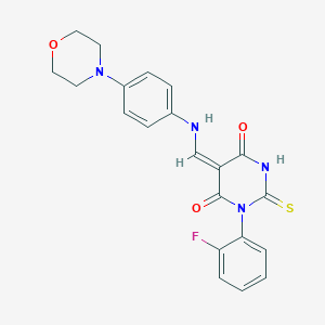 (5E)-1-(2-fluorophenyl)-5-[(4-morpholin-4-ylanilino)methylidene]-2-sulfanylidene-1,3-diazinane-4,6-dione
