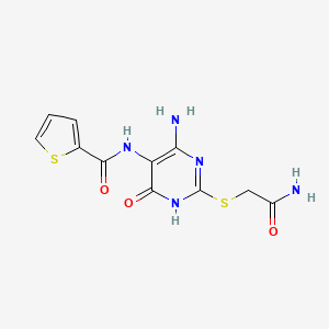 molecular formula C11H11N5O3S2 B2974070 N-(4-amino-2-((2-amino-2-oxoethyl)thio)-6-oxo-1,6-dihydropyrimidin-5-yl)thiophene-2-carboxamide CAS No. 868225-38-1
