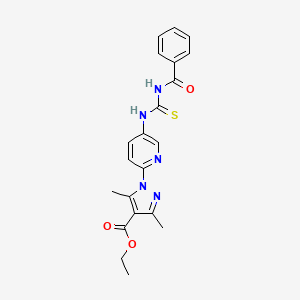 molecular formula C21H21N5O3S B2974076 乙酸1-(5-{[(苯甲酰氨)羧硫基]氨基}-2-吡啶基)-3,5-二甲基-1H-吡唑-4-甲酸酯 CAS No. 477712-93-9
