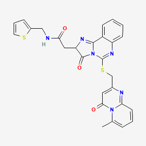 molecular formula C27H22N6O3S2 B2974085 2-{5-[({6-methyl-4-oxo-4H-pyrido[1,2-a]pyrimidin-2-yl}methyl)sulfanyl]-3-oxo-2H,3H-imidazo[1,2-c]quinazolin-2-yl}-N-[(thiophen-2-yl)methyl]acetamide CAS No. 1024142-87-7