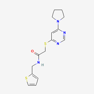 molecular formula C15H18N4OS2 B2974114 2-((6-(pyrrolidin-1-yl)pyrimidin-4-yl)thio)-N-(thiophen-2-ylmethyl)acetamide CAS No. 1171534-09-0