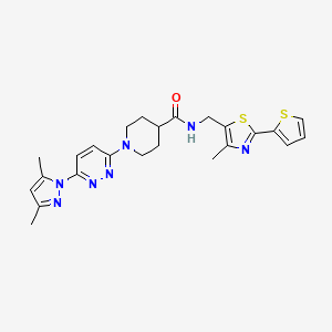 molecular formula C24H27N7OS2 B2974118 1-(6-(3,5-二甲基-1H-吡唑-1-基)嘧啶-3-基)-N-((4-甲基-2-(噻吩-2-基)噻唑-5-基)甲基)哌啶-4-甲酰胺 CAS No. 1421445-34-2