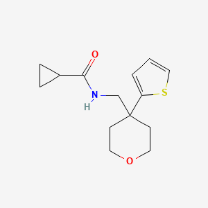 molecular formula C14H19NO2S B2974153 N-((4-(thiophen-2-yl)tetrahydro-2H-pyran-4-yl)methyl)cyclopropanecarboxamide CAS No. 1203012-21-8