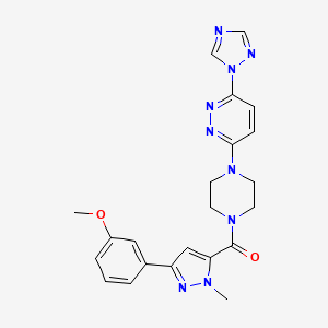 molecular formula C22H23N9O2 B2974163 (4-(6-(1H-1,2,4-triazol-1-yl)pyridazin-3-yl)piperazin-1-yl)(3-(3-methoxyphenyl)-1-methyl-1H-pyrazol-5-yl)methanone CAS No. 2034262-10-5