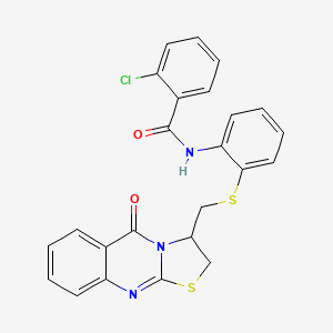 molecular formula C24H18ClN3O2S2 B2974178 2-chloro-N-(2-{[(5-oxo-2,3-dihydro-5H-[1,3]thiazolo[2,3-b]quinazolin-3-yl)methyl]sulfanyl}phenyl)benzenecarboxamide CAS No. 477868-83-0