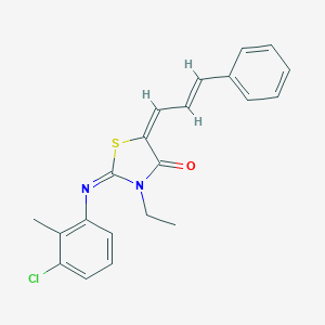 molecular formula C21H19ClN2OS B297419 2-[(3-Chloro-2-methylphenyl)imino]-3-ethyl-5-(3-phenyl-2-propenylidene)-1,3-thiazolidin-4-one 