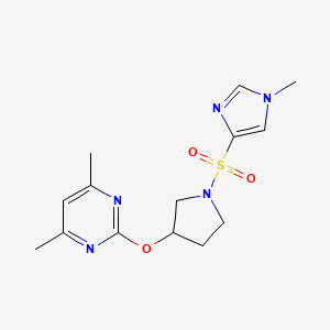 molecular formula C14H19N5O3S B2974200 4,6-二甲基-2-((1-((1-甲基-1H-咪唑-4-基)磺酰基)吡咯烷-3-基)氧基)嘧啶 CAS No. 2034359-71-0