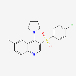 molecular formula C20H19ClN2O2S B2974255 3-((4-Chlorophenyl)sulfonyl)-6-methyl-4-(pyrrolidin-1-yl)quinoline CAS No. 1251675-63-4