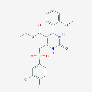 molecular formula C21H20ClFN2O6S B2974257 Ethyl 6-(((3-chloro-4-fluorophenyl)sulfonyl)methyl)-4-(2-methoxyphenyl)-2-oxo-1,2,3,4-tetrahydropyrimidine-5-carboxylate CAS No. 866590-81-0