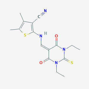 molecular formula C16H18N4O2S2 B297426 2-[(1,3-diethyl-4,6-dioxo-2-sulfanylidene-1,3-diazinan-5-ylidene)methylamino]-4,5-dimethylthiophene-3-carbonitrile 