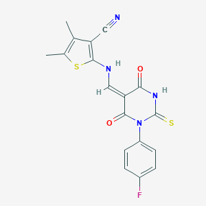 molecular formula C18H13FN4O2S2 B297427 2-[[(E)-[1-(4-fluorophenyl)-4,6-dioxo-2-sulfanylidene-1,3-diazinan-5-ylidene]methyl]amino]-4,5-dimethylthiophene-3-carbonitrile 
