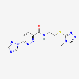 molecular formula C12H13N9OS B2974270 N-(2-((4-methyl-4H-1,2,4-triazol-3-yl)thio)ethyl)-6-(1H-1,2,4-triazol-1-yl)pyridazine-3-carboxamide CAS No. 1448028-85-0
