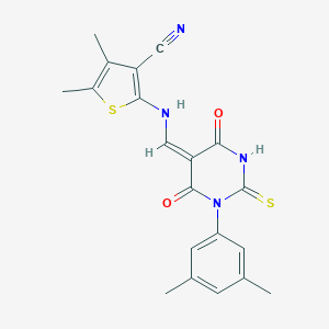 molecular formula C20H18N4O2S2 B297428 2-[[(E)-[1-(3,5-dimethylphenyl)-4,6-dioxo-2-sulfanylidene-1,3-diazinan-5-ylidene]methyl]amino]-4,5-dimethylthiophene-3-carbonitrile 