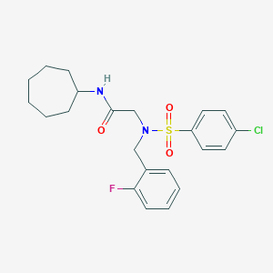 molecular formula C22H26ClFN2O3S B297431 2-[[(4-chlorophenyl)sulfonyl](2-fluorobenzyl)amino]-N-cycloheptylacetamide 