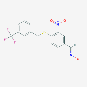 molecular formula C16H13F3N2O3S B2974324 3-nitro-4-{[3-(trifluoromethyl)benzyl]sulfanyl}benzenecarbaldehyde O-methyloxime CAS No. 303996-11-4
