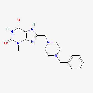molecular formula C18H22N6O2 B2974341 3-Methyl-8-{[4-benzylpiperazinyl]methyl}-1,3,7-trihydropurine-2,6-dione CAS No. 839682-63-2