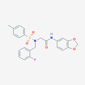 molecular formula C23H21FN2O5S B297439 N-(1,3-benzodioxol-5-yl)-2-{(2-fluorobenzyl)[(4-methylphenyl)sulfonyl]amino}acetamide 