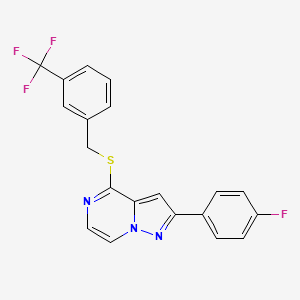 molecular formula C20H13F4N3S B2974391 2-(4-Fluorophenyl)-4-{[3-(trifluoromethyl)benzyl]thio}pyrazolo[1,5-a]pyrazine CAS No. 1105211-59-3