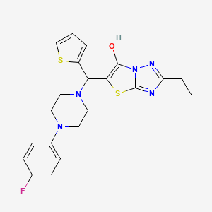 molecular formula C21H22FN5OS2 B2974415 2-Ethyl-5-((4-(4-fluorophenyl)piperazin-1-yl)(thiophen-2-yl)methyl)thiazolo[3,2-b][1,2,4]triazol-6-ol CAS No. 886915-11-3