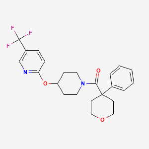 molecular formula C23H25F3N2O3 B2974427 (4-phenyltetrahydro-2H-pyran-4-yl)(4-((5-(trifluoromethyl)pyridin-2-yl)oxy)piperidin-1-yl)methanone CAS No. 1421492-10-5