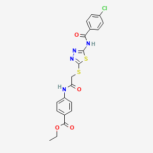 molecular formula C20H17ClN4O4S2 B2974478 Ethyl 4-[[2-[[5-[(4-chlorobenzoyl)amino]-1,3,4-thiadiazol-2-yl]sulfanyl]acetyl]amino]benzoate CAS No. 392293-11-7