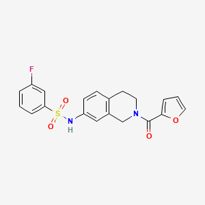 molecular formula C20H17FN2O4S B2974574 3-fluoro-N-(2-(furan-2-carbonyl)-1,2,3,4-tetrahydroisoquinolin-7-yl)benzenesulfonamide CAS No. 955698-23-4