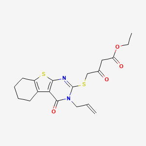 molecular formula C19H22N2O4S2 B2974622 3-氧代-4-[(4-氧代-3-丙-2-烯基-5,6,7,8-四氢-[1]苯并噻吩并[2,3-d]嘧啶-2-基)硫代]丁酸乙酯 CAS No. 304683-96-3