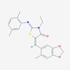 molecular formula C22H22N2O3S B297463 2-[(2,5-Dimethylphenyl)imino]-3-ethyl-5-[(6-methyl-1,3-benzodioxol-5-yl)methylene]-1,3-thiazolidin-4-one 