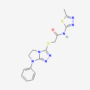 molecular formula C15H15N7OS2 B2974631 N-(5-methyl-1,3,4-thiadiazol-2-yl)-2-((7-phenyl-6,7-dihydro-5H-imidazo[2,1-c][1,2,4]triazol-3-yl)thio)acetamide CAS No. 921557-44-0