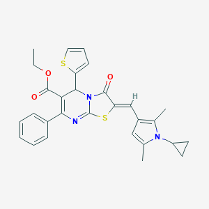 molecular formula C29H27N3O3S2 B297469 ethyl 2-[(1-cyclopropyl-2,5-dimethyl-1H-pyrrol-3-yl)methylene]-3-oxo-7-phenyl-5-(2-thienyl)-2,3-dihydro-5H-[1,3]thiazolo[3,2-a]pyrimidine-6-carboxylate 
