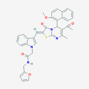 molecular formula C36H30N4O5S B297470 2-{3-[(6-acetyl-5-(2-methoxy-1-naphthyl)-7-methyl-3-oxo-5H-[1,3]thiazolo[3,2-a]pyrimidin-2(3H)-ylidene)methyl]-1H-indol-1-yl}-N-(2-furylmethyl)acetamide 
