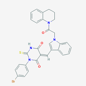 molecular formula C30H23BrN4O3S B297473 1-(4-bromophenyl)-5-({1-[2-(3,4-dihydro-1(2H)-quinolinyl)-2-oxoethyl]-1H-indol-3-yl}methylene)-2-thioxodihydro-4,6(1H,5H)-pyrimidinedione 