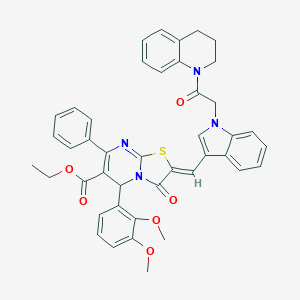 molecular formula C43H38N4O6S B297474 ethyl 2-({1-[2-(3,4-dihydro-1(2H)-quinolinyl)-2-oxoethyl]-1H-indol-3-yl}methylene)-5-(2,3-dimethoxyphenyl)-3-oxo-7-phenyl-2,3-dihydro-5H-[1,3]thiazolo[3,2-a]pyrimidine-6-carboxylate 