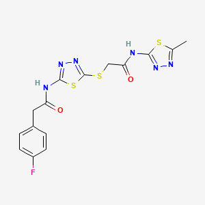 molecular formula C15H13FN6O2S3 B2974747 2-(4-氟苯基)-N-(5-((2-((5-甲基-1,3,4-噻二唑-2-基)氨基)-2-氧代乙基)硫)-1,3,4-噻二唑-2-基)乙酰胺 CAS No. 477215-26-2