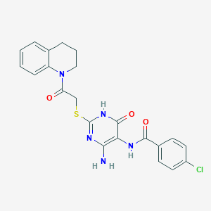 molecular formula C22H20ClN5O3S B2974781 N-(4-amino-2-((2-(3,4-dihydroquinolin-1(2H)-yl)-2-oxoethyl)thio)-6-oxo-1,6-dihydropyrimidin-5-yl)-4-chlorobenzamide CAS No. 872597-60-9