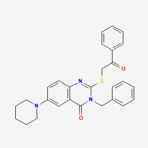 molecular formula C28H27N3O2S B2974820 3-Benzyl-2-phenacylsulfanyl-6-piperidin-1-ylquinazolin-4-one CAS No. 689227-94-9