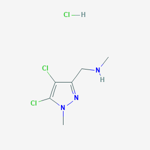 molecular formula C6H10Cl3N3 B2974905 N-[(4,5-Dichloro-1-methyl-1H-pyrazol-3-yl)methyl]-N-methylamine hydrochloride CAS No. 1431963-61-9