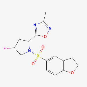 molecular formula C15H16FN3O4S B2974947 5-[1-(2,3-Dihydro-1-benzofuran-5-sulfonyl)-4-fluoropyrrolidin-2-yl]-3-methyl-1,2,4-oxadiazole CAS No. 2097932-57-3