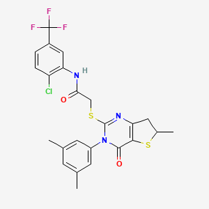 molecular formula C24H21ClF3N3O2S2 B2975004 N-(2-chloro-5-(trifluoromethyl)phenyl)-2-((3-(3,5-dimethylphenyl)-6-methyl-4-oxo-3,4,6,7-tetrahydrothieno[3,2-d]pyrimidin-2-yl)thio)acetamide CAS No. 851410-71-4