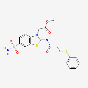 molecular formula C19H19N3O5S3 B2975014 Methyl 2-[2-(3-phenylsulfanylpropanoylimino)-6-sulfamoyl-1,3-benzothiazol-3-yl]acetate CAS No. 865249-20-3