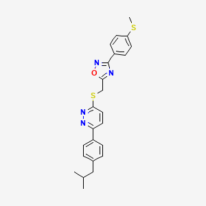 molecular formula C24H24N4OS2 B2975060 3-(4-Isobutylphenyl)-6-[({3-[4-(methylthio)phenyl]-1,2,4-oxadiazol-5-yl}methyl)thio]pyridazine CAS No. 1114915-65-9