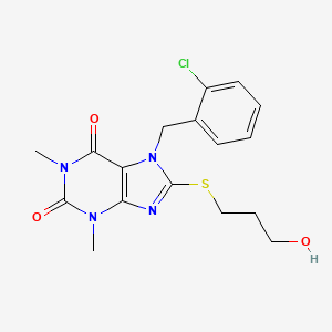 molecular formula C17H19ClN4O3S B2975062 7-(2-chlorobenzyl)-8-((3-hydroxypropyl)thio)-1,3-dimethyl-1H-purine-2,6(3H,7H)-dione CAS No. 442865-01-2