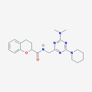 molecular formula C21H28N6O2 B2975064 N-((4-(dimethylamino)-6-(piperidin-1-yl)-1,3,5-triazin-2-yl)methyl)chroman-2-carboxamide CAS No. 2034407-73-1